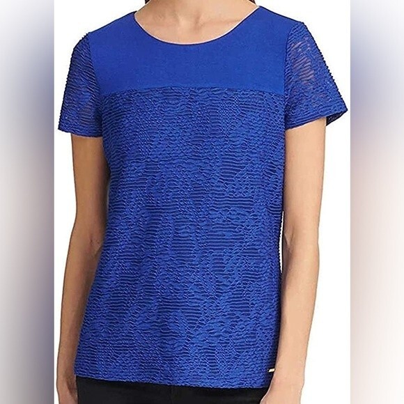 Calvin Klein Blue Short Sleeve Mesh Overlay Double Layer Tee Size Small - Picture 2 of 7